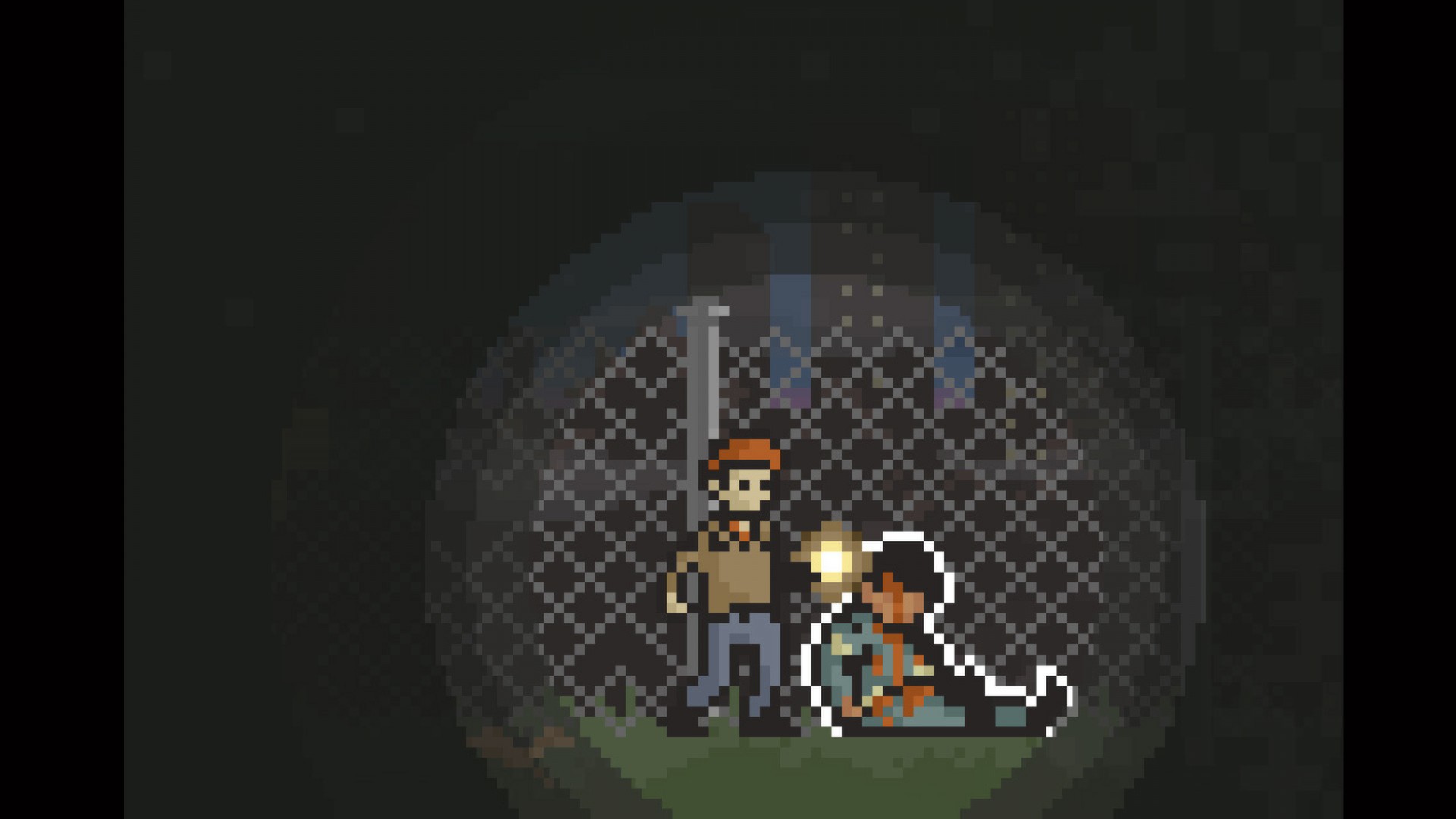 A pixelated man examining a body in the cone of a flashlight