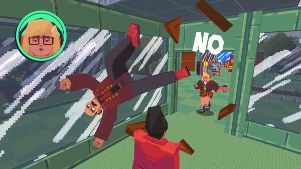 A dynamic, moving protagonist sends a manager and office objects flying with a defiant shout of 'NO'.