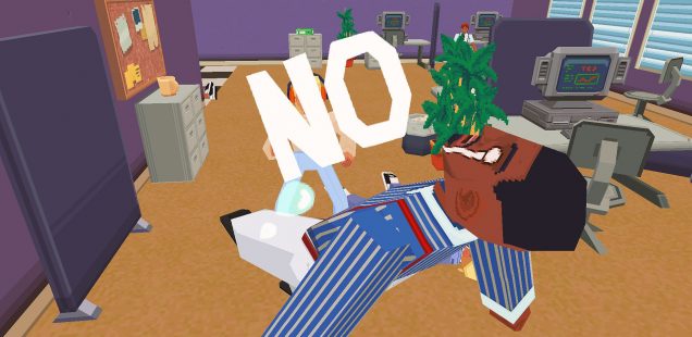 A dazed, weeping office manager is physically thrown backwards by a large full-capped 'NO' emitted by the player character.