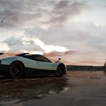 Sportscar is parked in front of a beautiful, painterly skyline