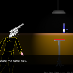 man with a revolver head walks into minimalist bar. 'time to score me some dick,' he says.