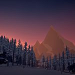 Twilight, with the faintest pink left in the sky from the sunset, against a backdrop of forest and mountain peak.