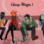 Player select screen showing each of the four playable characters: a shadowy figure in yellow; a flame-haired djinn in red; a zombie in green; and a Frankenstein's monster in blue.